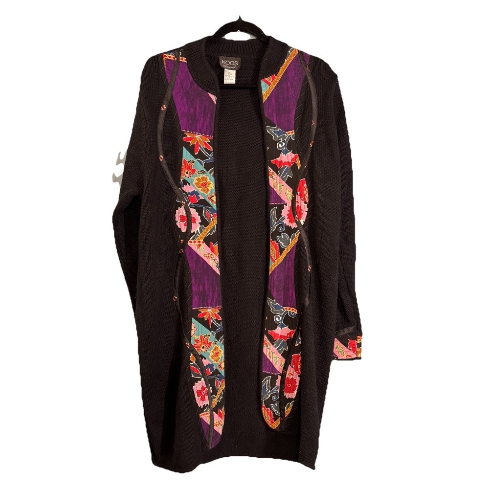 Vtg Koos Of Course Quilted Patchwork Duster Long‎ Cardigan Large Silk Wool Blend